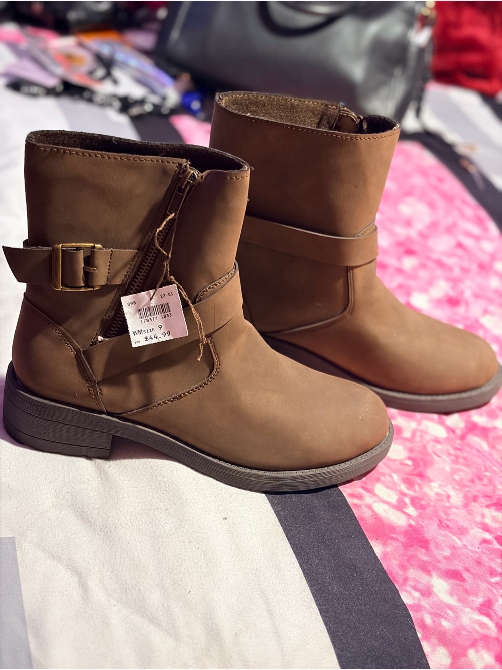 NWT Brash Brown Women's Moto Ankle Boots - Casual Side-Zip Booties -9